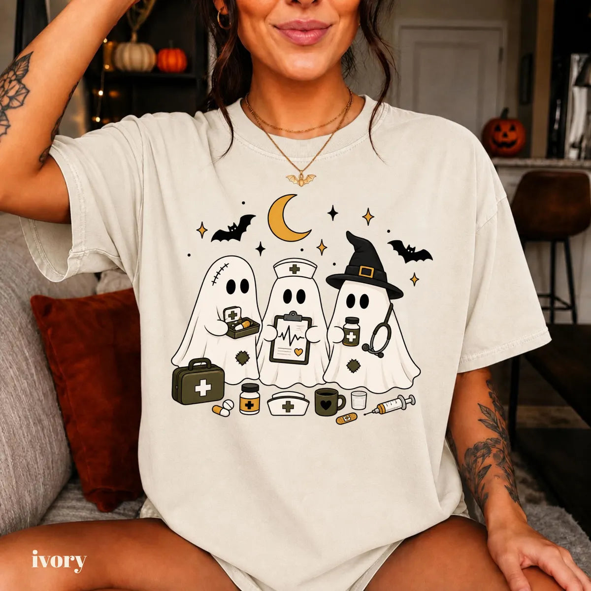 Ivory Comfort Colors 1717 T-shirt with Ghost Nurse Halloween design