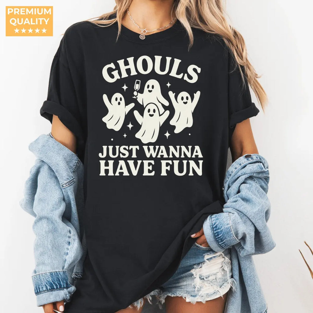 Ghouls Just Wanna Have Fun - Ghost Halloween Comfort Colors T-Shirt alternate product view in Black.