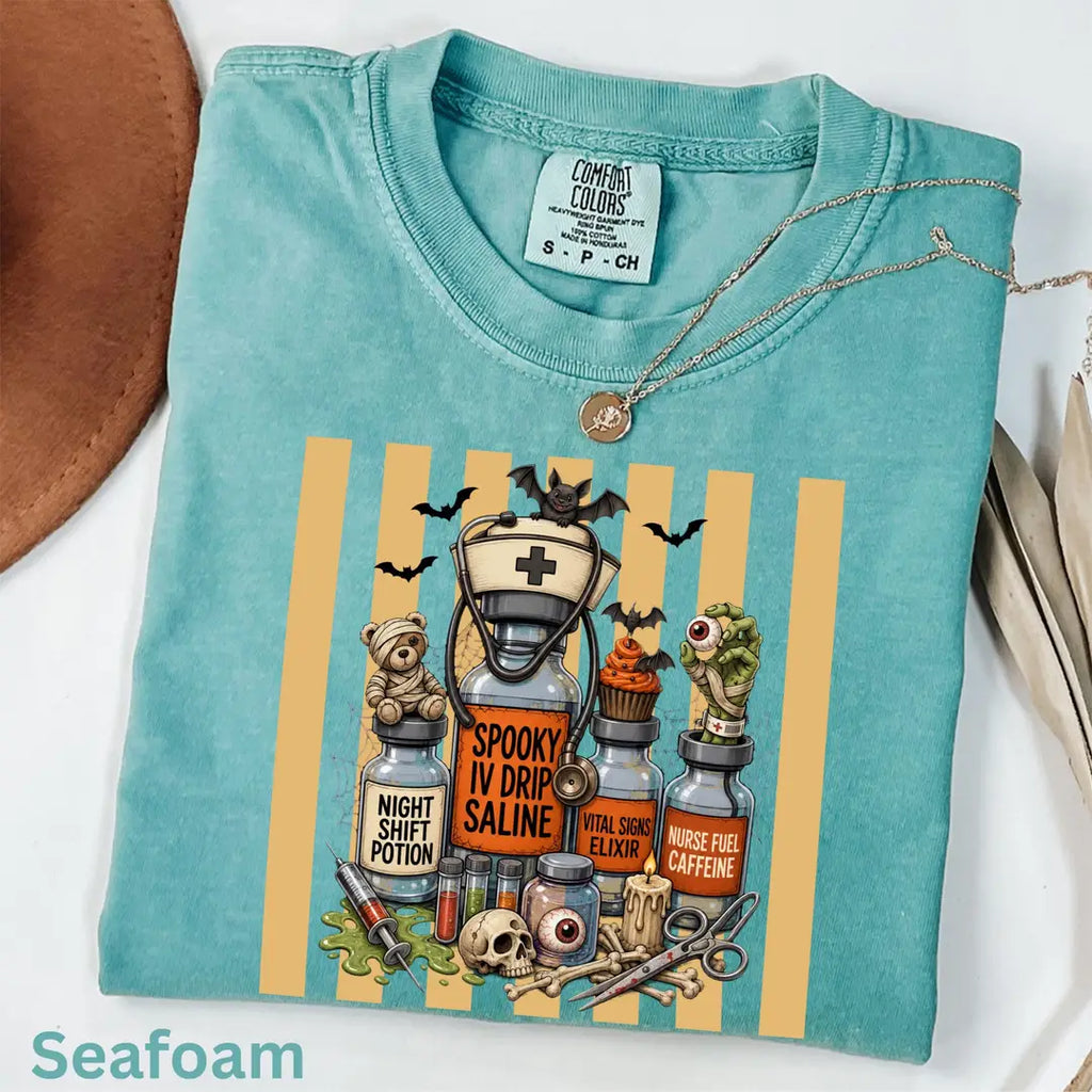 Nurse Halloween Potion Bottles Comfort Colors T-Shirt alternate product view in Seafoam.