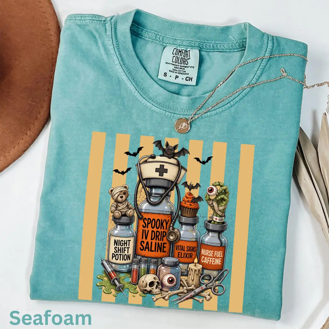 Nurse Halloween Potion Bottles Comfort Colors T-Shirt alternate product view in Seafoam.