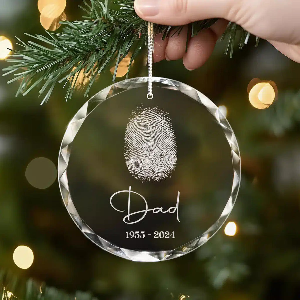 Additional view of a Fingerprint Memorial personalized engraved engraved crystal glass ornament.