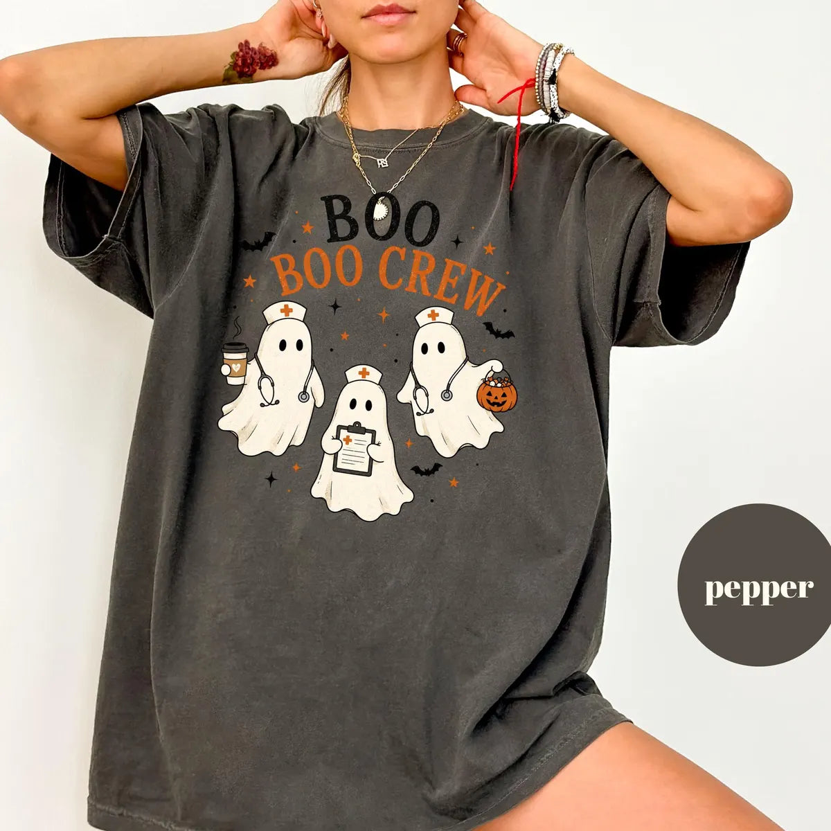 Pepper Comfort Colors 1717 T-shirt with Boo Boo Crew Ghost Nurse design
