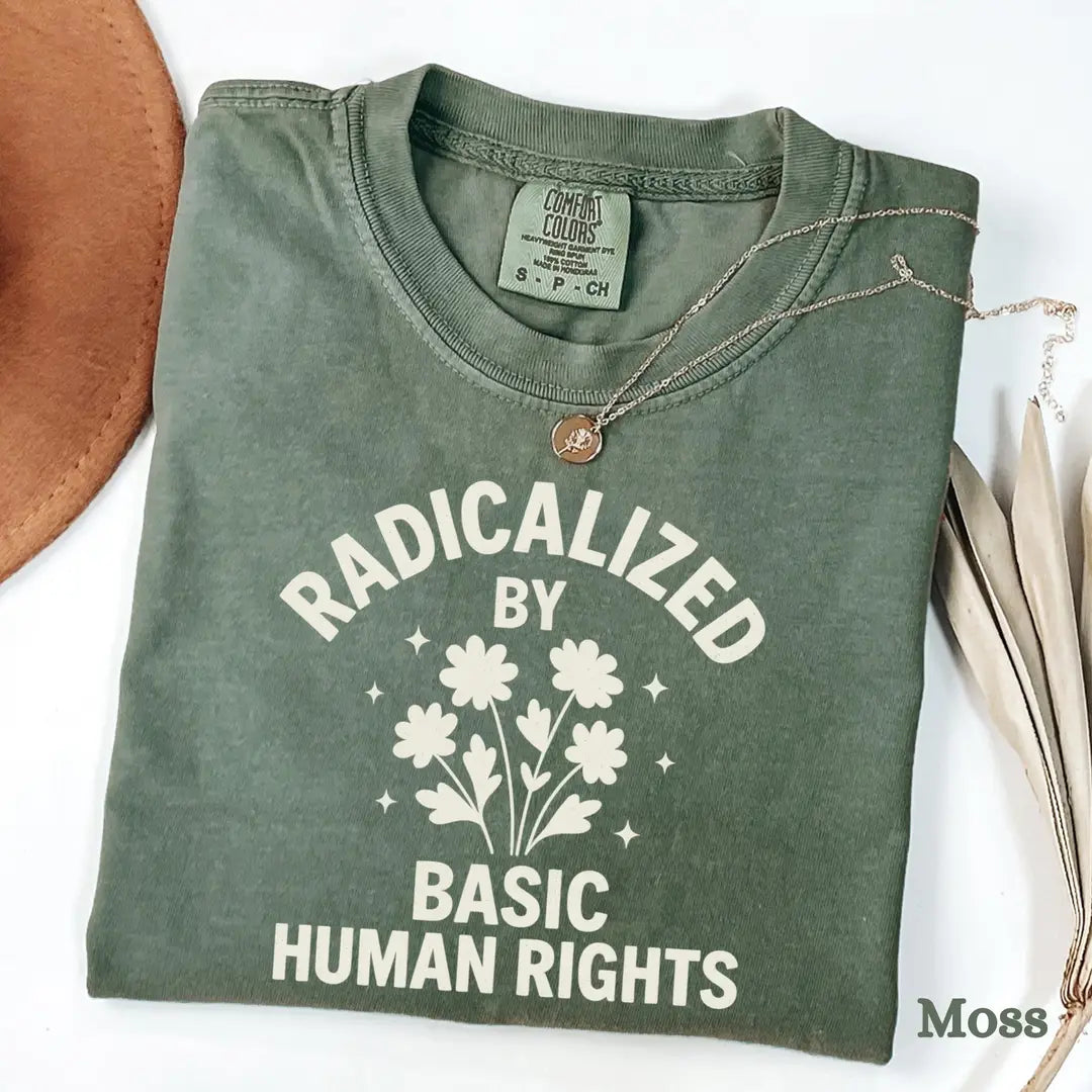 Moss Comfort Colors 1717 T-shirt with Human Rights design, alternate product view.