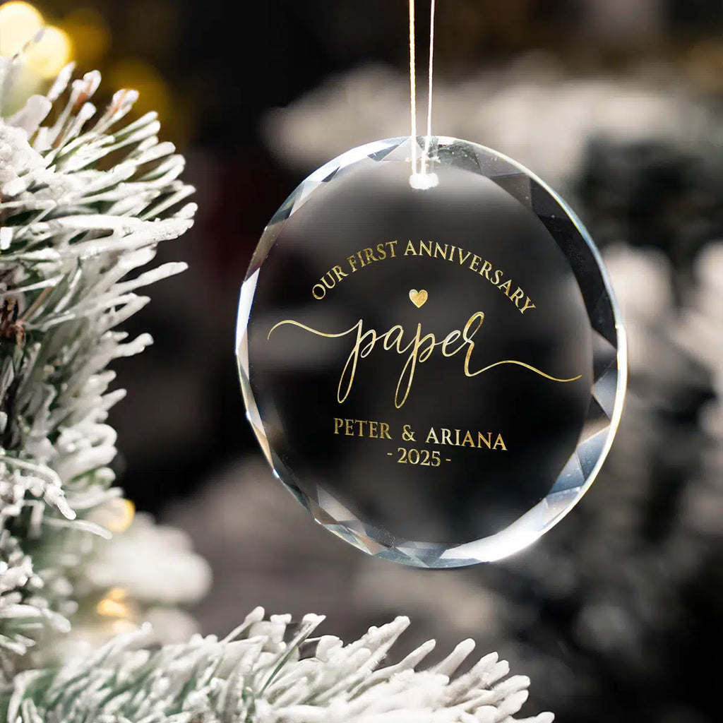 Additional view of a First Anniversary personalized engraved engraved crystal glass ornament.