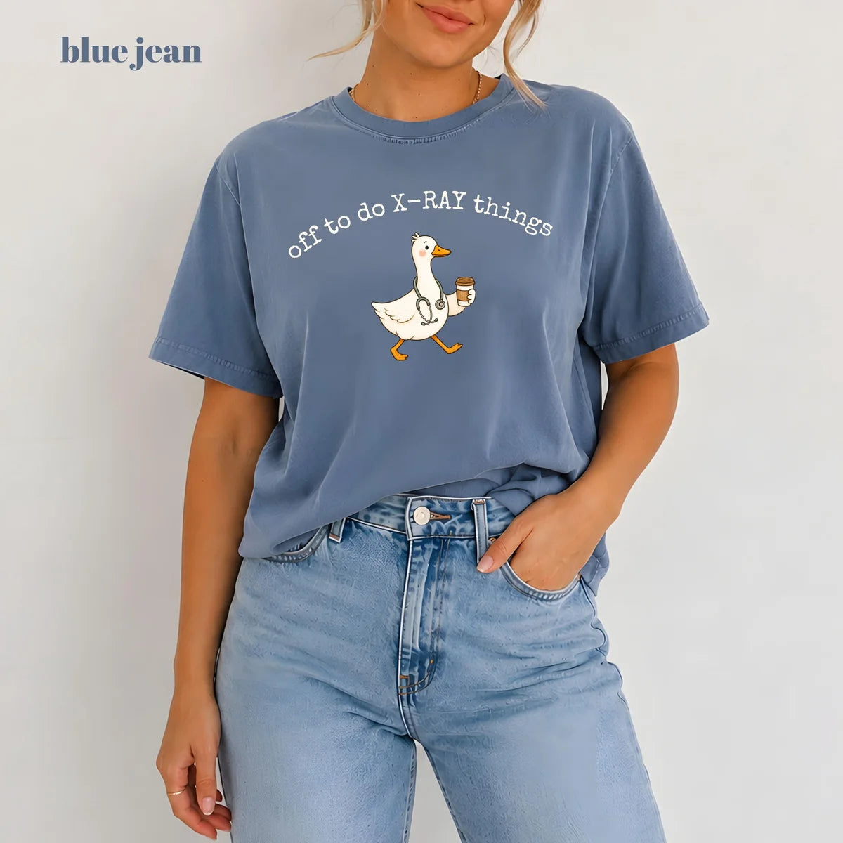 Blue Jean Comfort Colors 1717 T-shirt with Off To Do X-Ray Things design worn by a model view 2