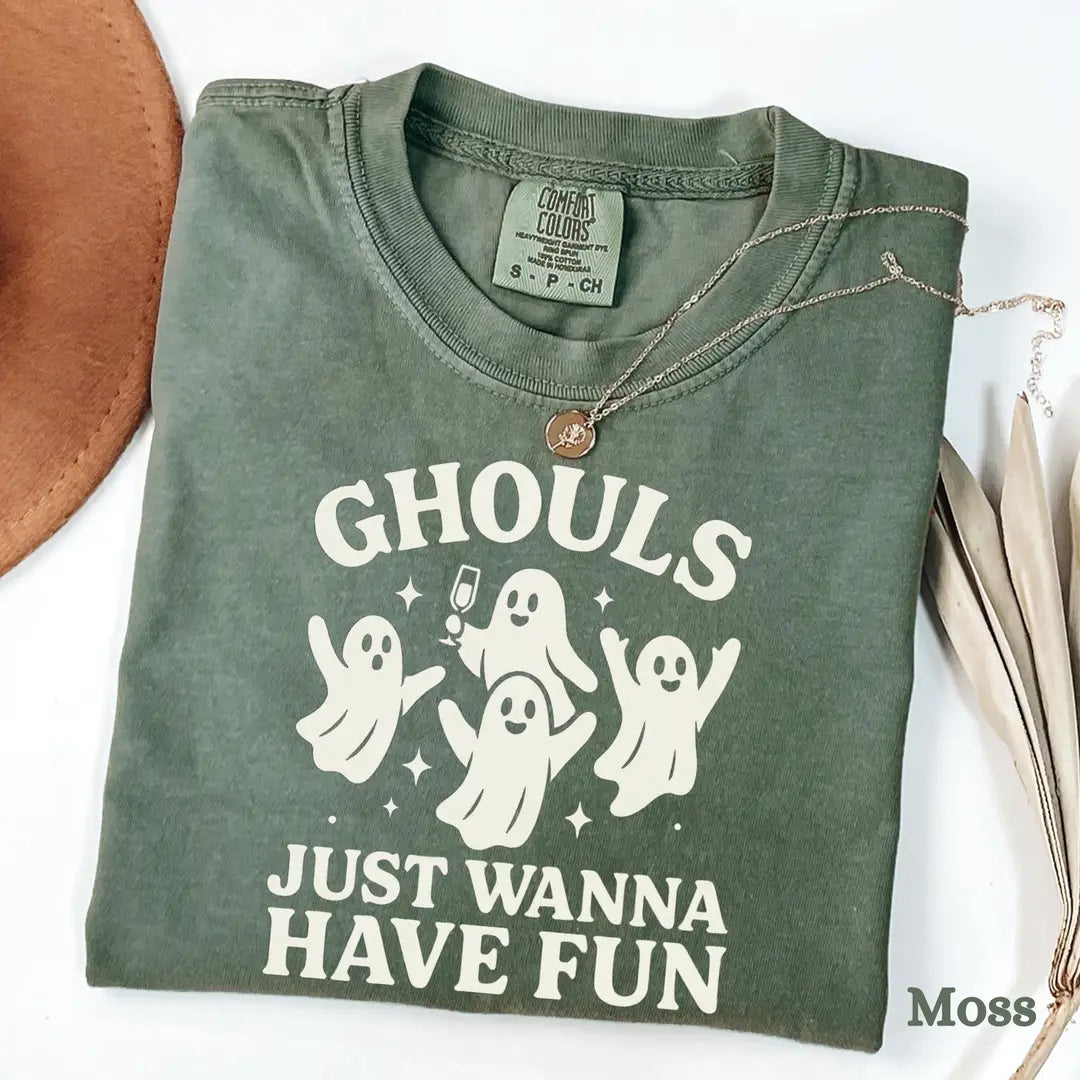 Ghouls Just Wanna Have Fun - Ghost Halloween Comfort Colors T-Shirt alternate product view in Moss.