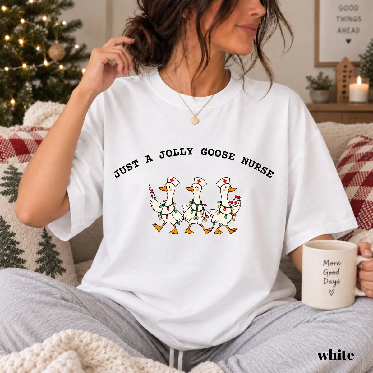 White Comfort Colors 1717 T-shirt with Jolly Goose Christmas Nurse design