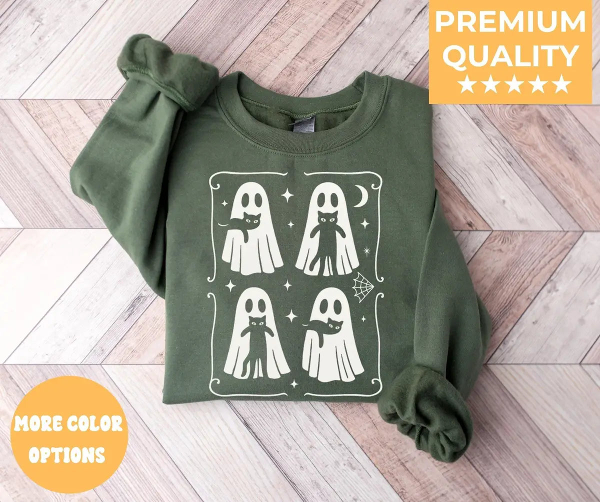 Military Green Crewneck sweatshirt with Ghost Cat design, hero view.