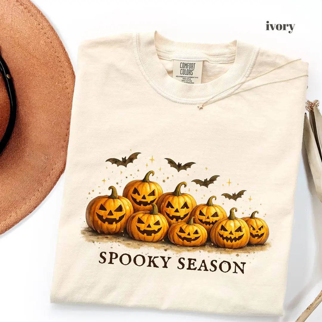 Ivory Comfort Colors 1717 T-shirt with Spooky Season Pumpkin design