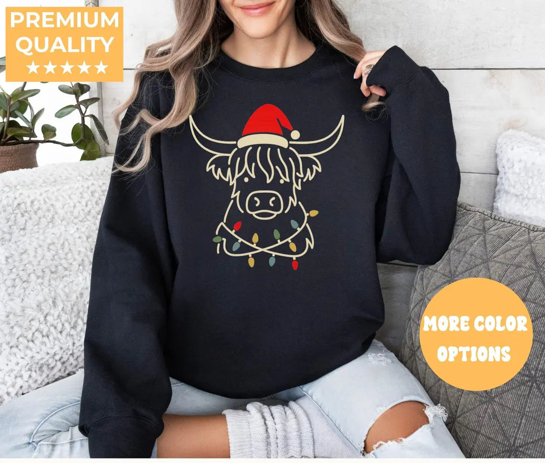 BLACK Crewneck sweatshirt with printed Highland Cow Christmas design, alternate product view.