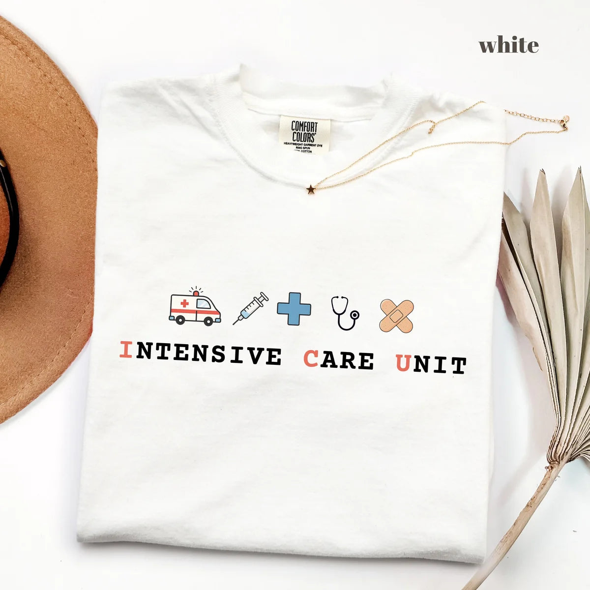 White Comfort Colors 1717 T-shirt with ICU Nurse design
