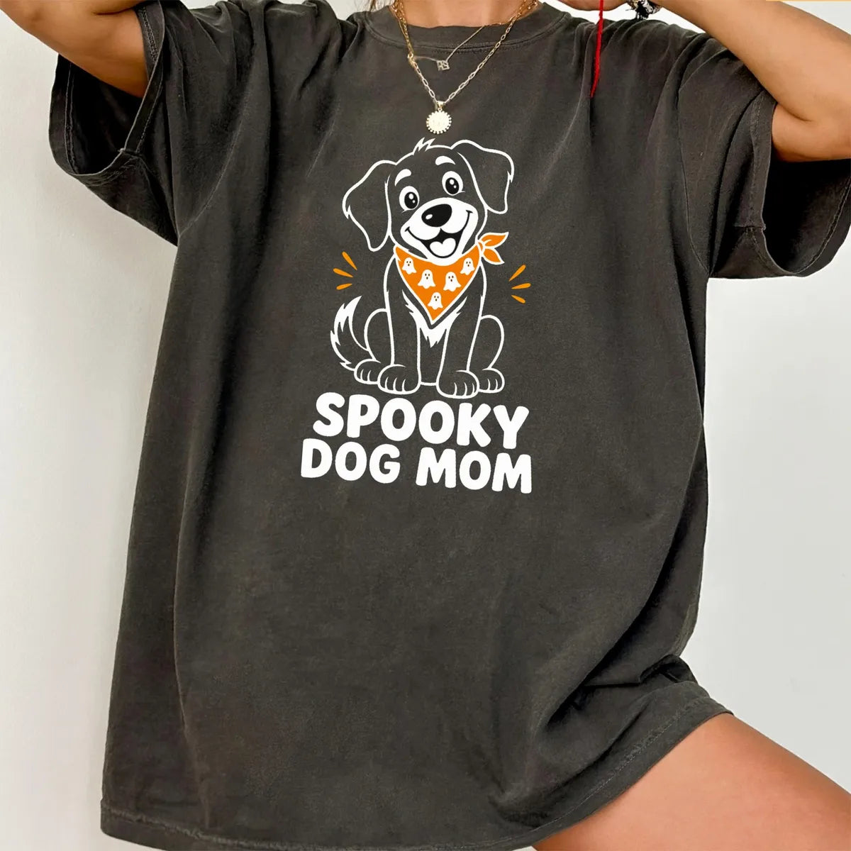 Spooky Dog Mom Halloween Comfort Colors T-Shirt hero view in Pepper.