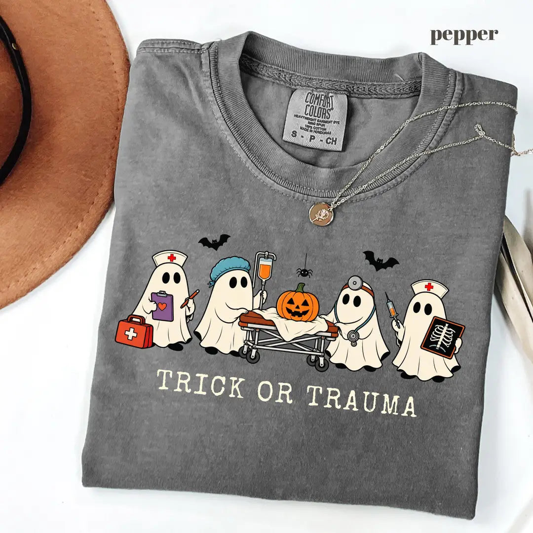 Pepper Comfort Colors 1717 T-shirt with Trick or Trauma Nurse design view 2