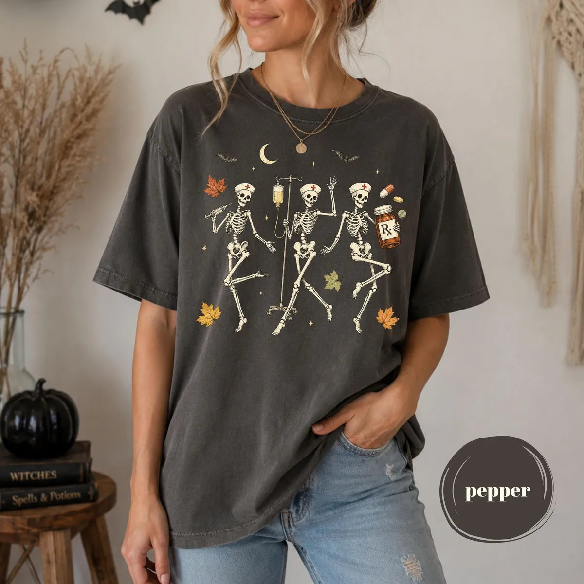 Pepper Comfort Colors 1717 T-shirt with Halloween Nurse Skeleton design view 2