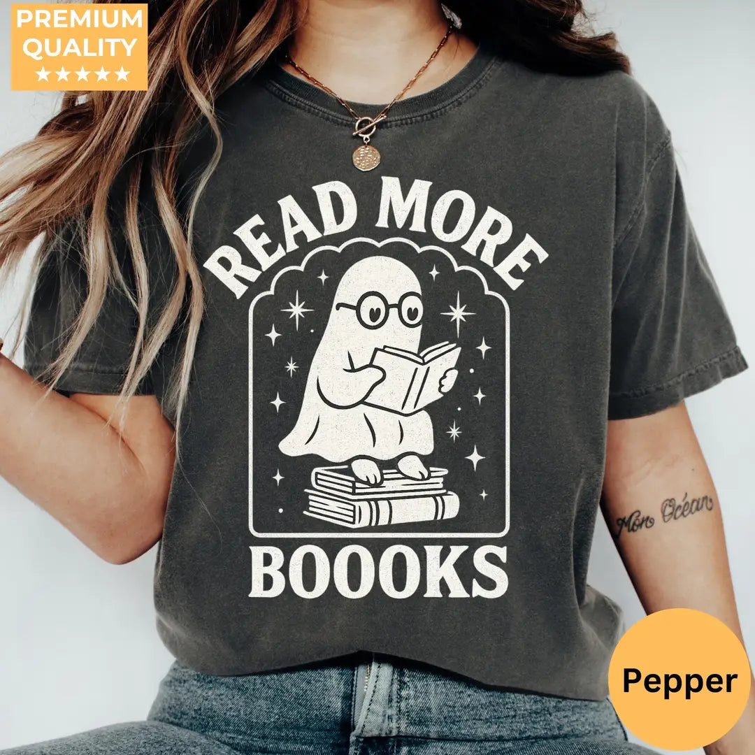 Read More Booooks - Bookish Ghost Halloween Comfort Colors T-Shirt hero view in Pepper.