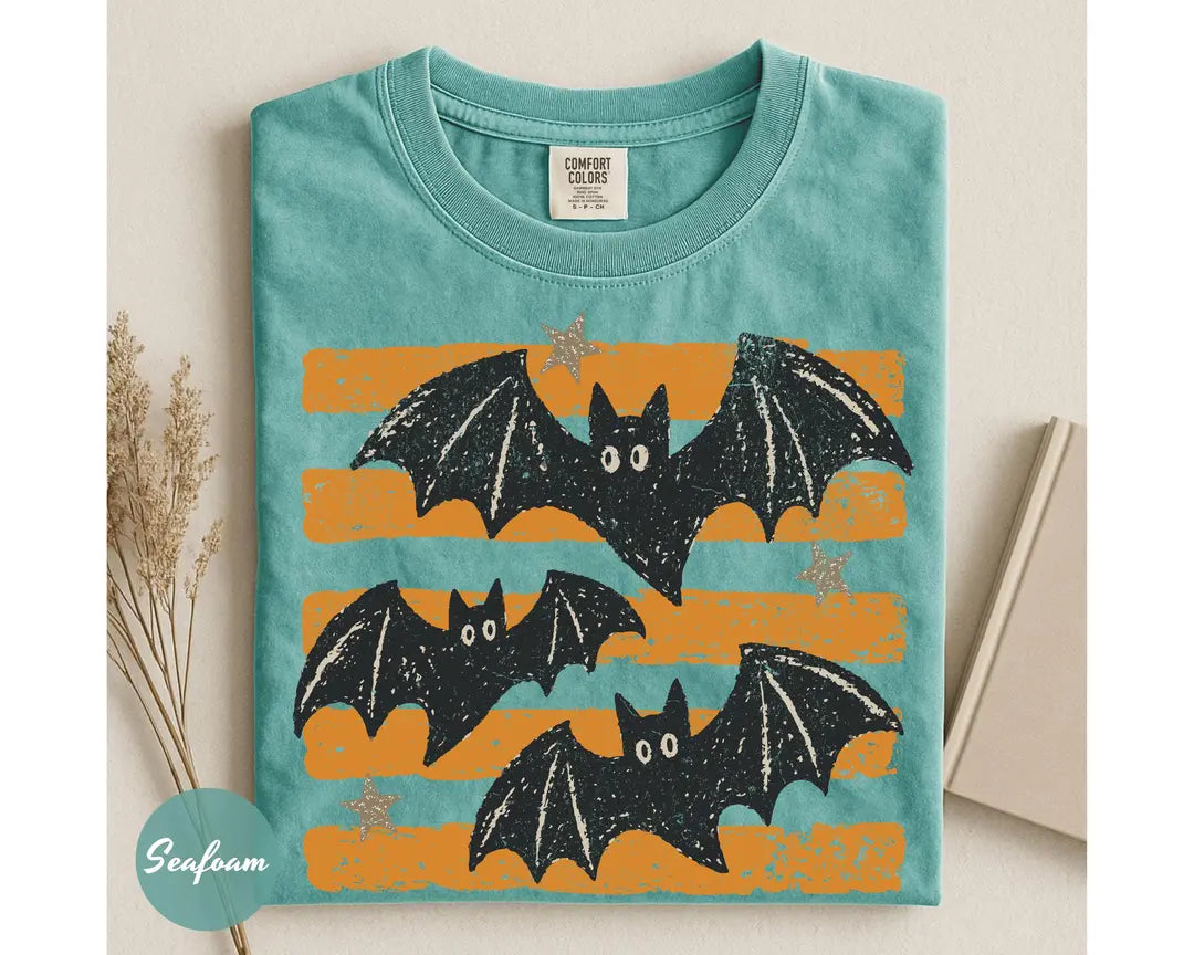 Seafoam Comfort Colors 1717 T-shirt with Halloween Bats design