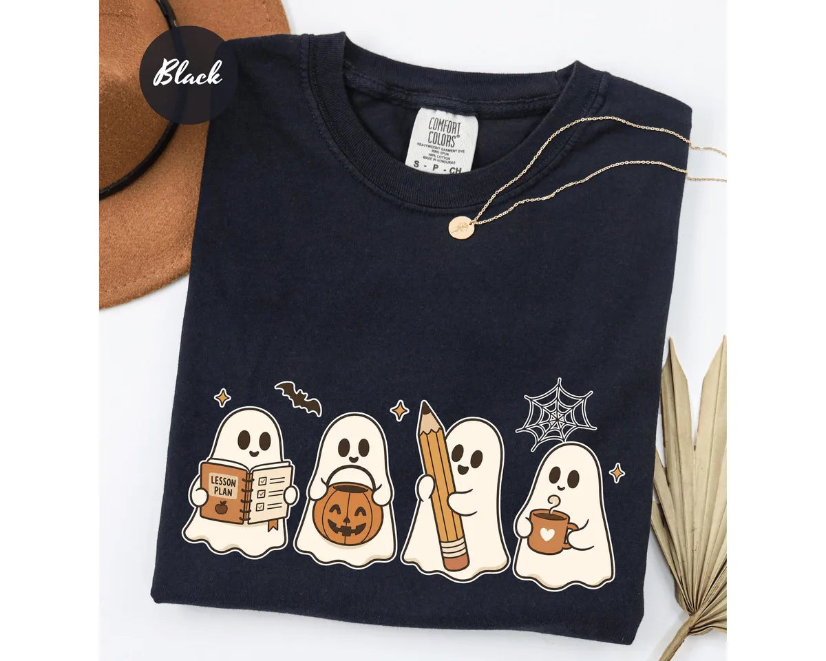 Black CF Comfort Colors 1717 T-shirt with Halloween Teacher Ghost design