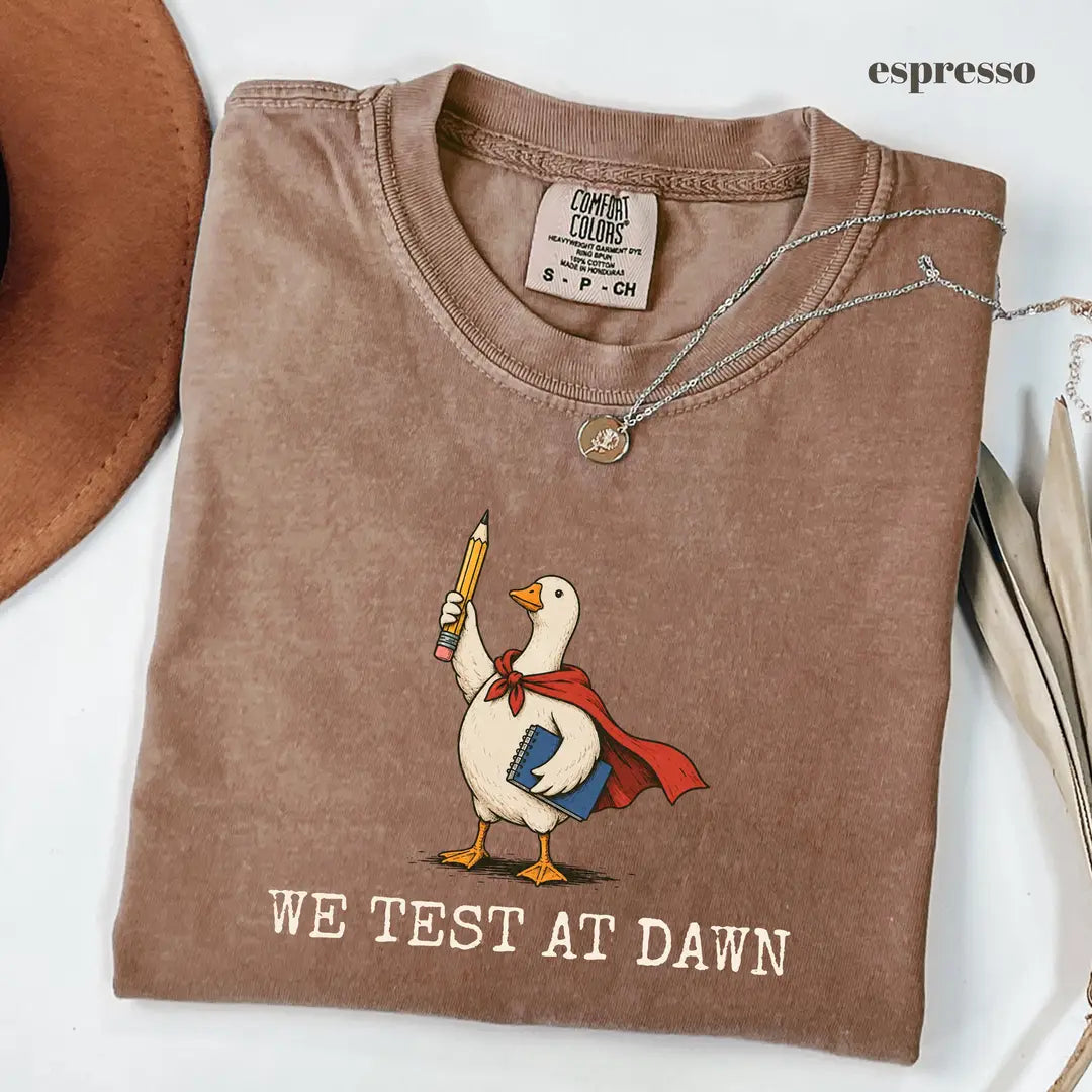 Espresso Comfort Colors 1717 T-shirt with We Test at Dawn Teacher design worn by a model