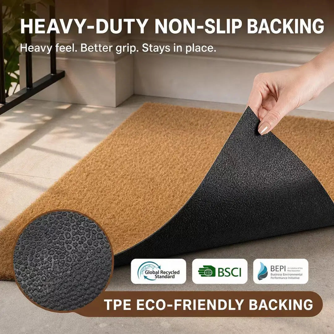 Mat corner lifted to show a heavy-duty non-slip TPE backing with the text Heavy-Duty Non-Slip Backing