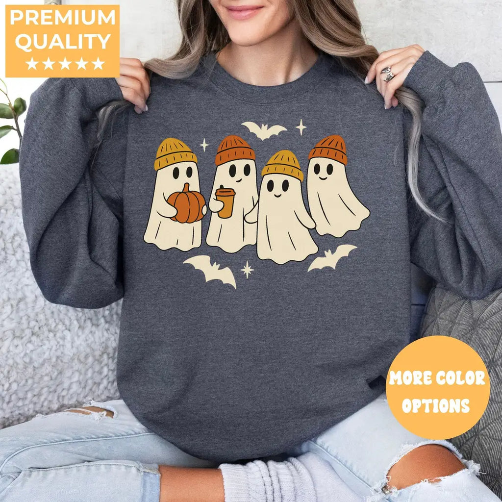 Dark Heather Crewneck sweatshirt with Ghost design, alternate product view.
