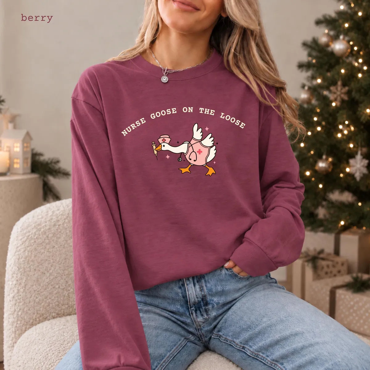 Comfort Colors 1717 T-shirt with Nurse Goose on the Loose design worn by a model view 3