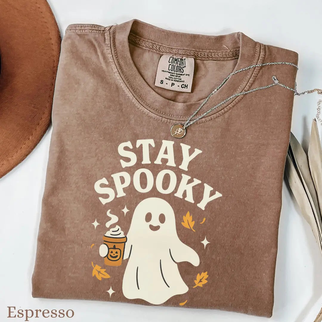 Stay Spooky Coffee Ghost - Fall Halloween Comfort Colors T-Shirt alternate product view in Espresso.
