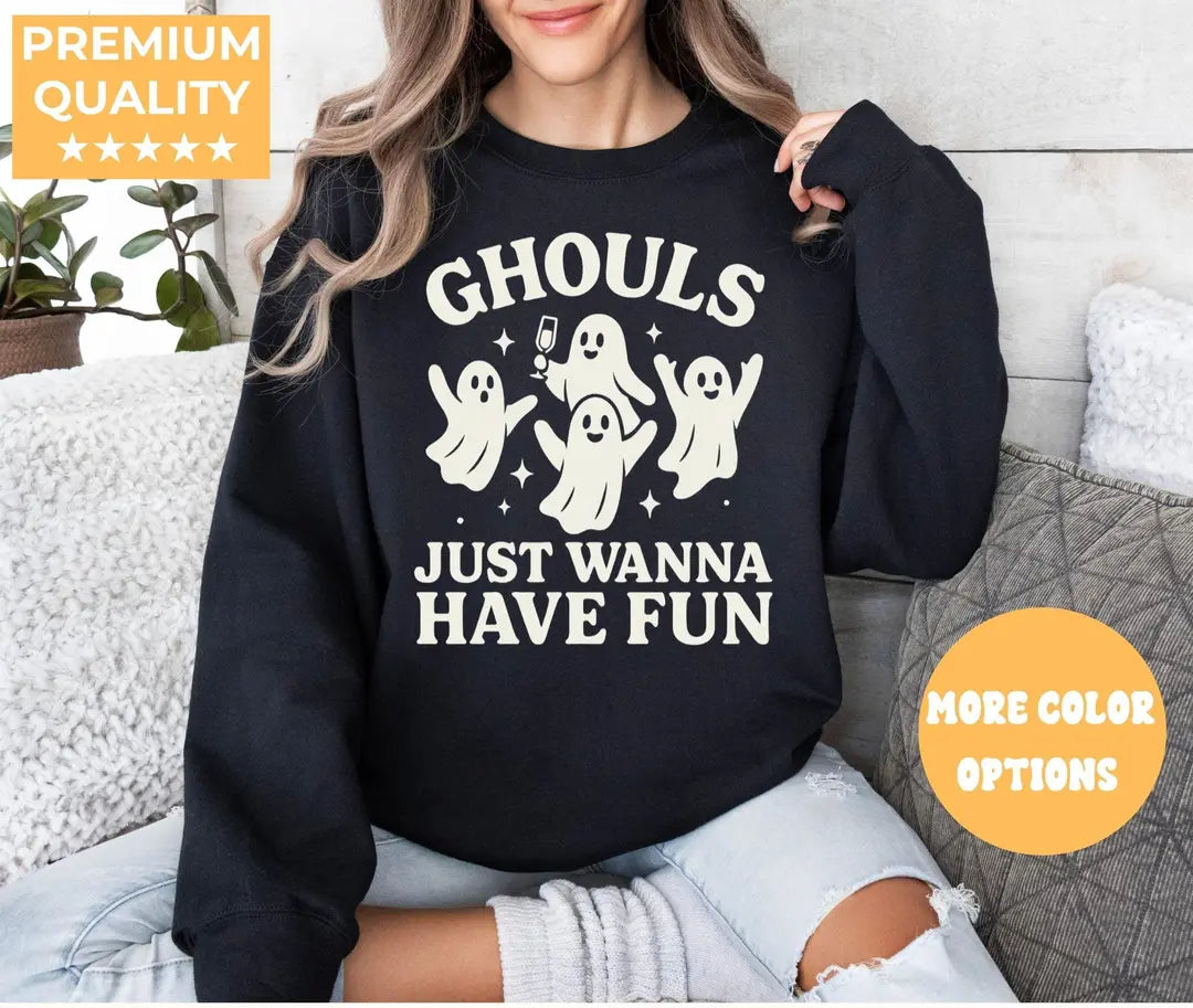 Black Crewneck sweatshirt with Girls Trip Halloween design, alternate product view.