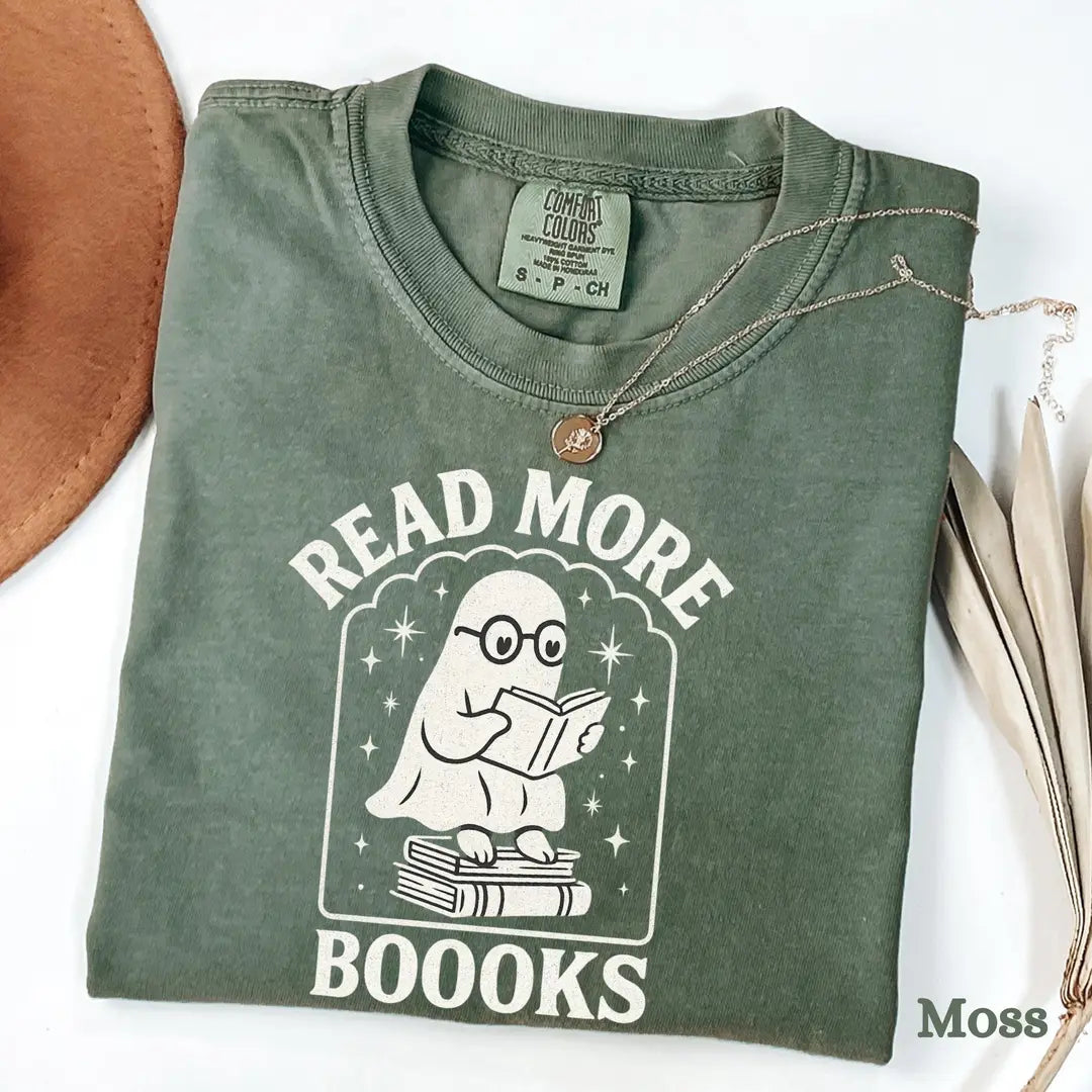 Read More Booooks - Bookish Ghost Halloween Comfort Colors T-Shirt alternate product view in Moss.