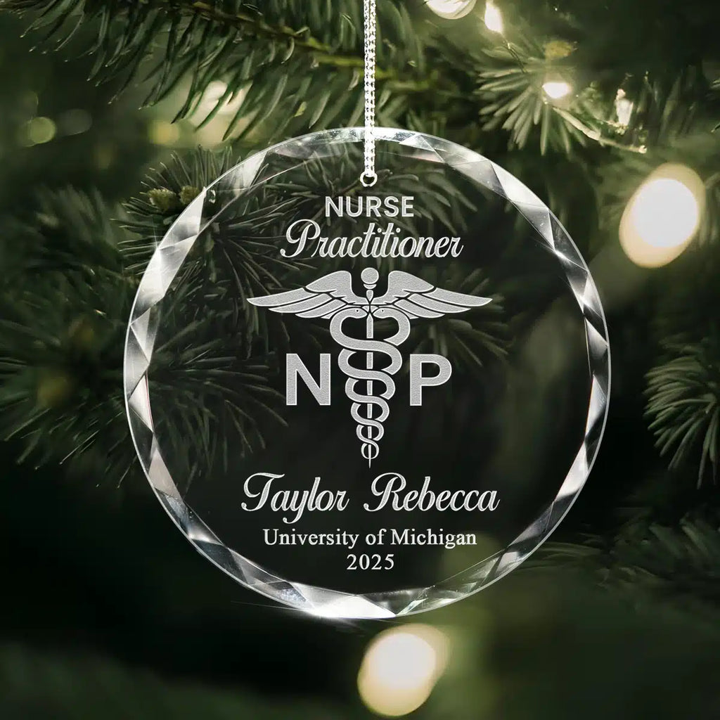 Personalized engraved crystal glass ornament featuring Nurse Practitioner.