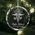 Personalized engraved crystal glass ornament featuring Nurse Practitioner.