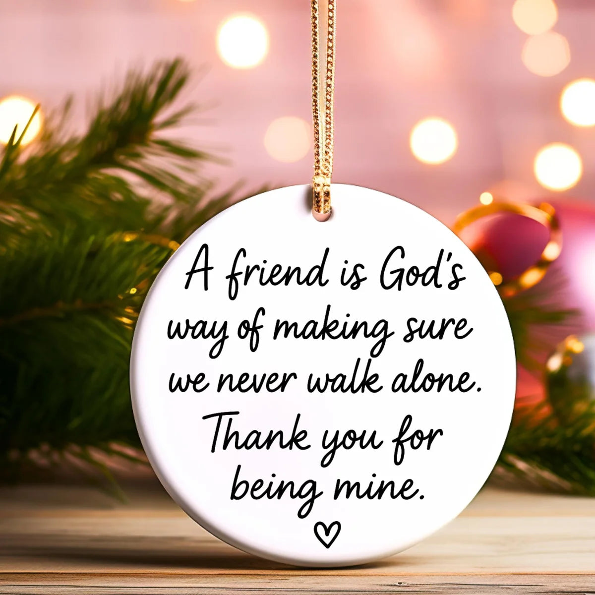 Alternate view of a round ceramic ornament with the visible A Friend Is God's Way message.