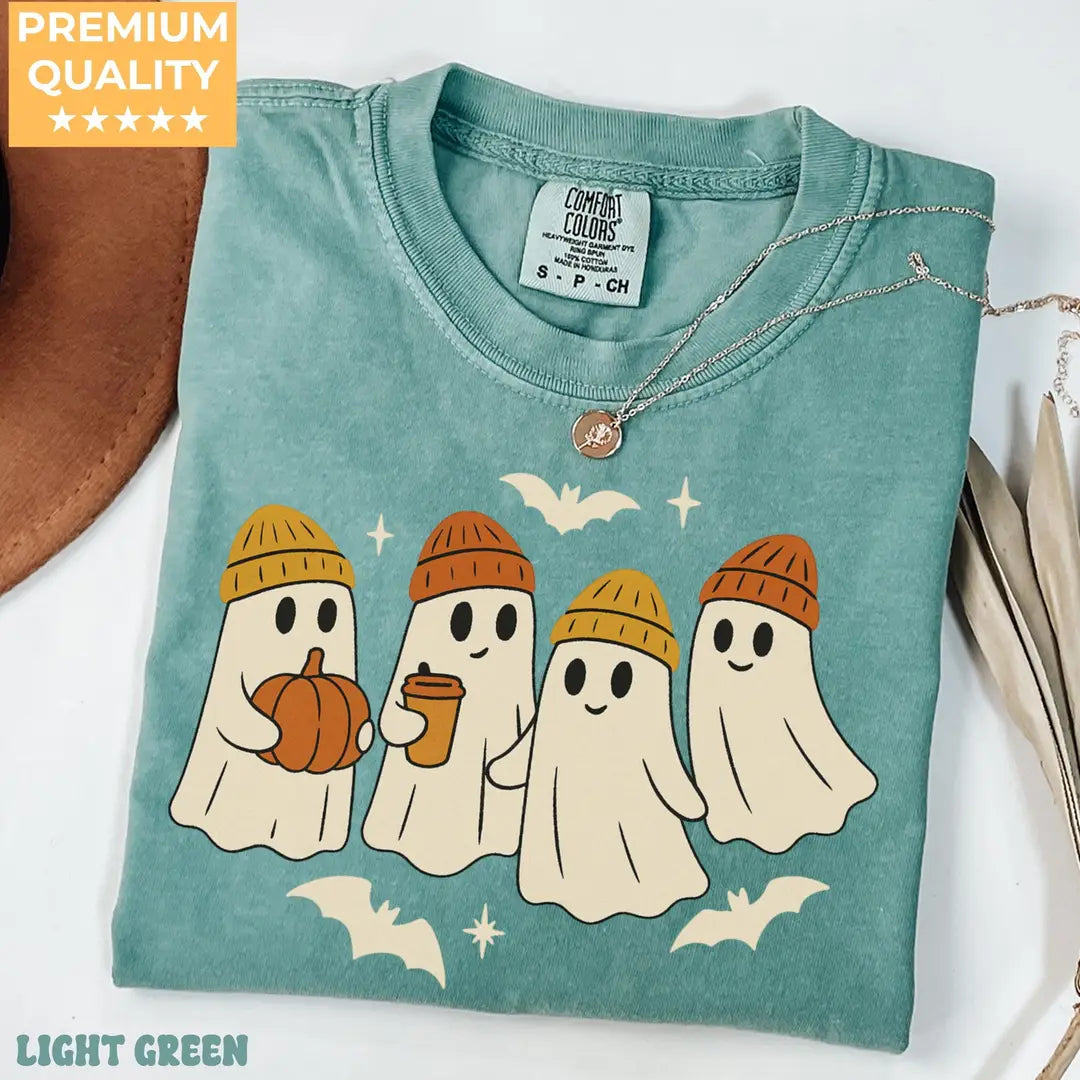 Cozy Beanie Ghosts - Fall Halloween Comfort Colors T-Shirt alternate product view in Light Green.