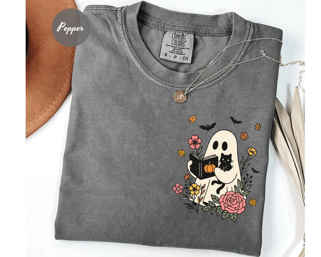 Comfort Colors 1717 T-shirt with Floral Halloween Ghost and Black Cat design alternate view view 2