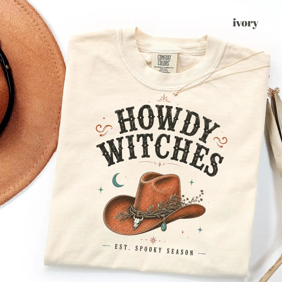 Ivory Comfort Colors 1717 T-shirt with Howdy Witches design view 2