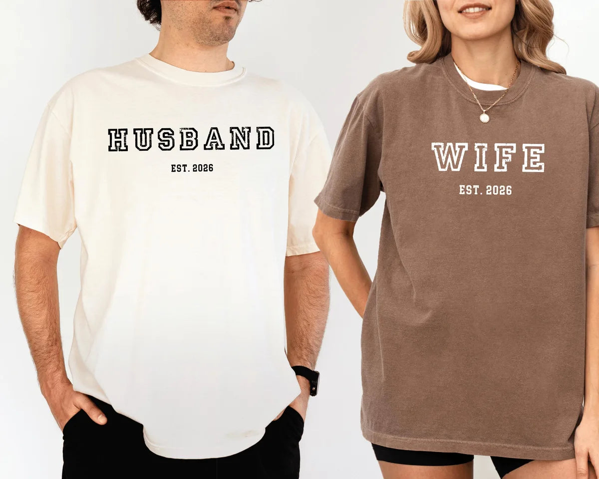 Comfort Colors 1717 T-shirt with Husband and Wife Est Year Matching design worn by a model