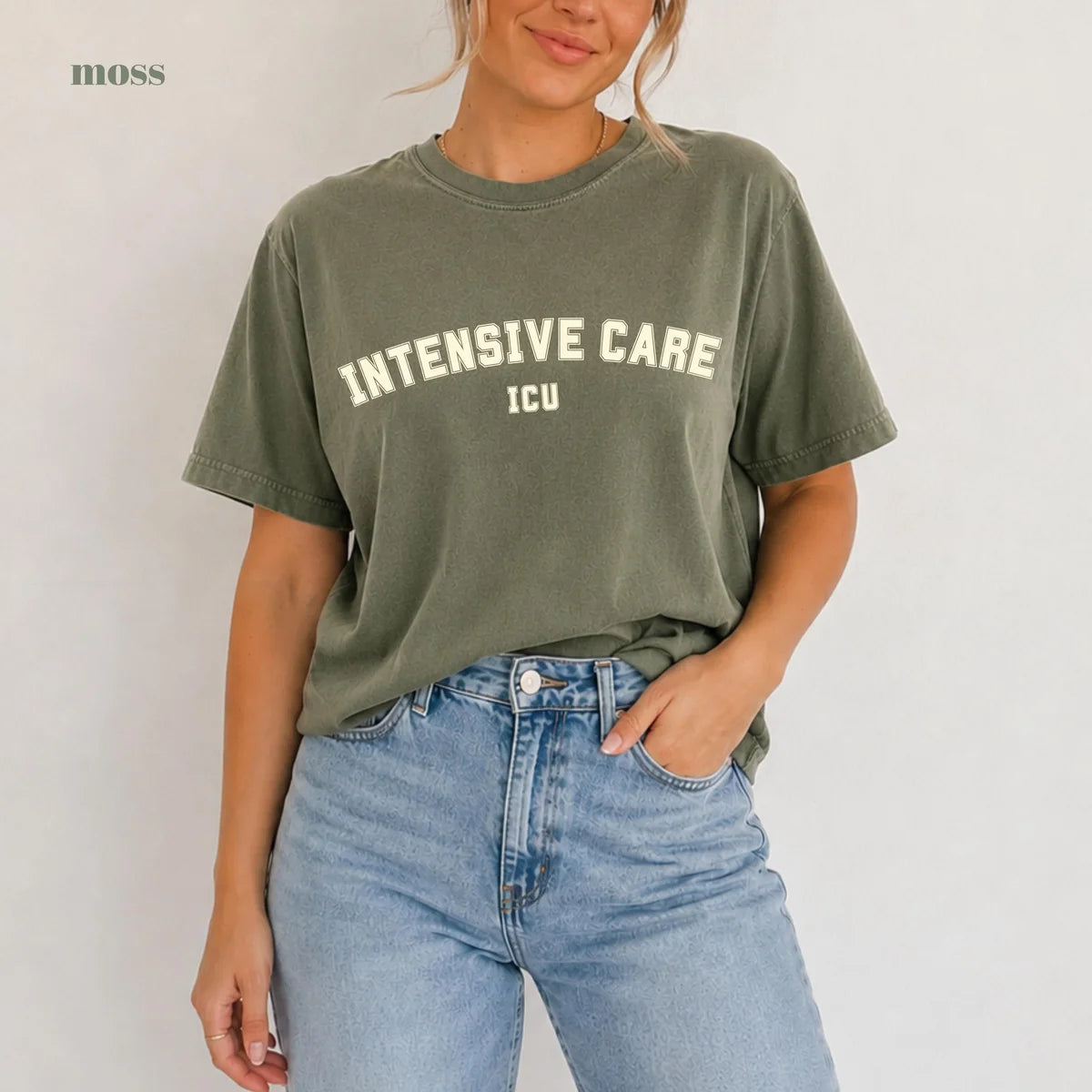 Moss Comfort Colors 1717 T-shirt with ICU Nurse design view 2