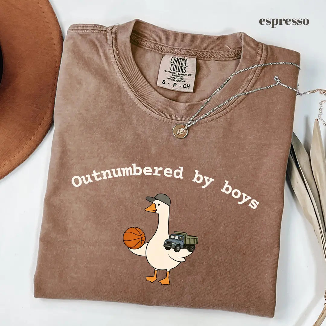 Espresso Comfort Colors 1717 T-shirt with Outnumbered By Boys design worn by a model