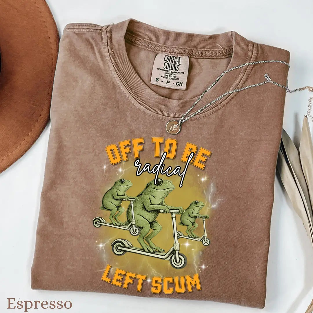 Espresso Comfort Colors 1717 T-shirt with Radical Left Frog on Scooter Political Meme design, alternate product view.