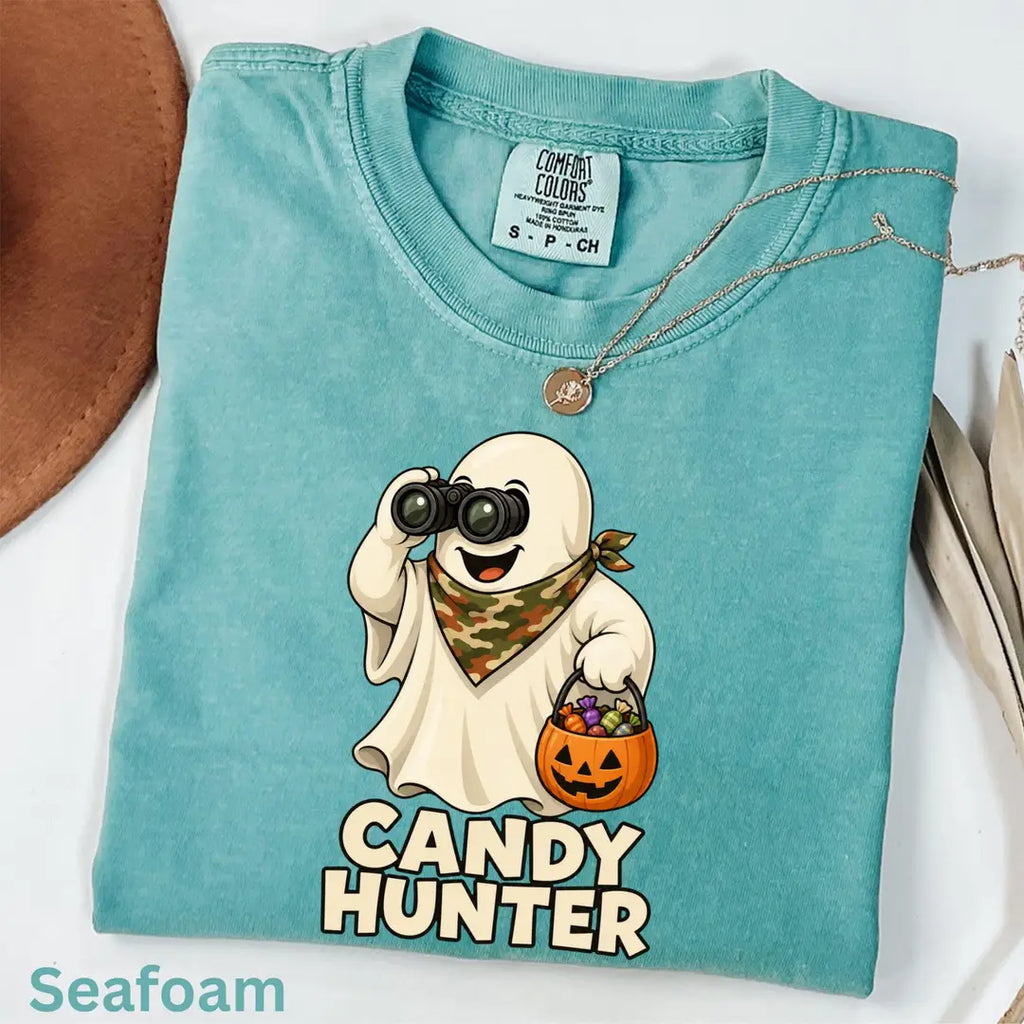 Candy Hunter Camo Halloween Comfort Colors T-Shirt alternate product view in Seafoam.