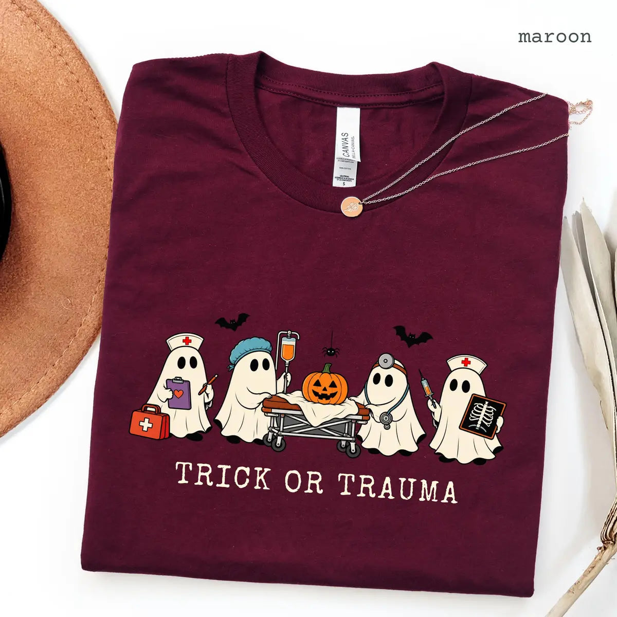 Maroon Bella Canvas 3001 T-shirt with Halloween Nurse design
