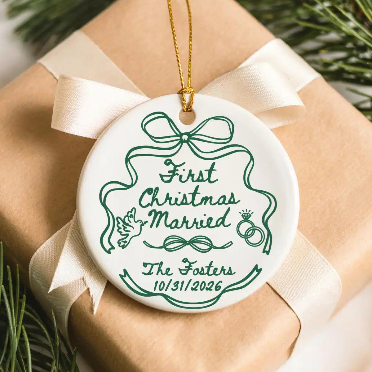 Additional view of a First Christmas Married personalized ceramic ornament.