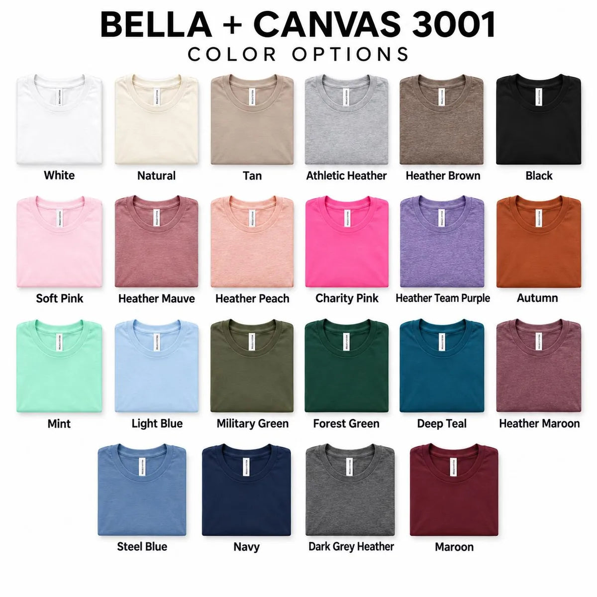 Bella Canvas 3001 T-shirt color chart showing the available shirt colors