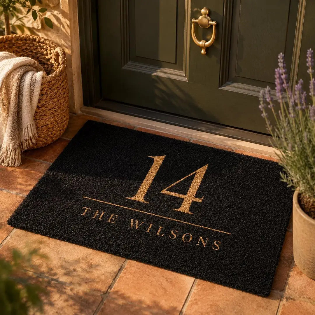 Rectangular black faux coir doormat with a gold-tone house number and family name at a green door with lavender