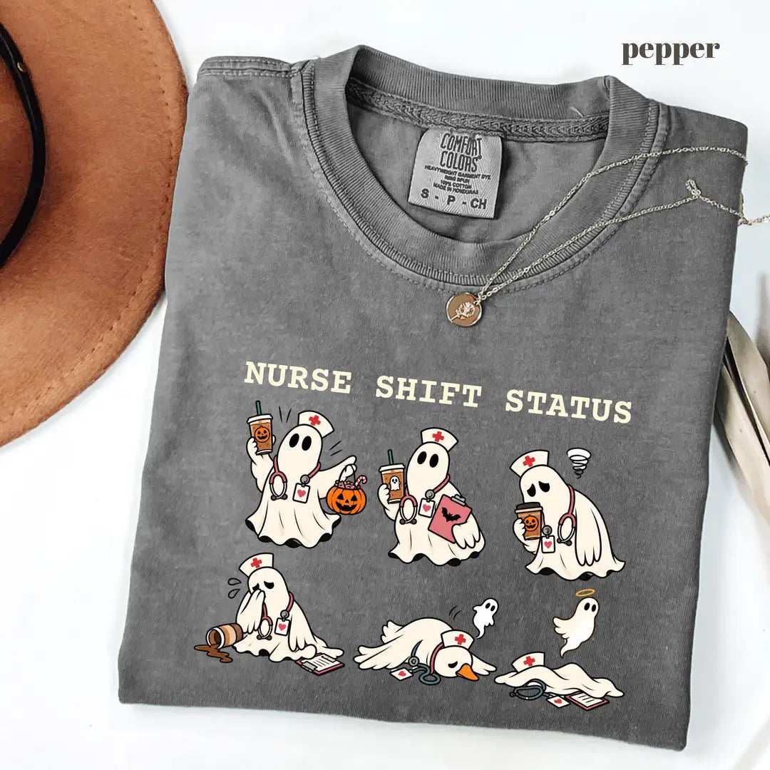 Pepper Comfort Colors 1717 T-shirt with Ghost Nurse Halloween design