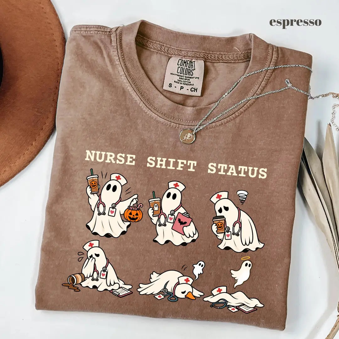 Espresso Comfort Colors 1717 T-shirt with Ghost Nurse Halloween design
