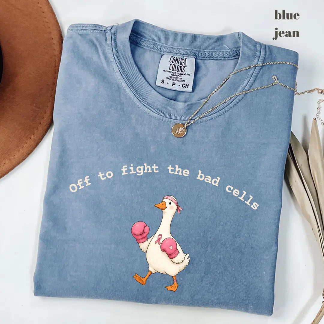 Blue Jean Comfort Colors 1717 T-shirt with Off To Fight The Bad Cells Goose design worn by a model