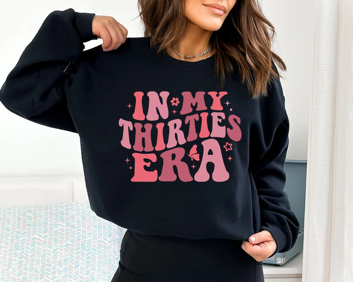 Black Crewneck sweatshirt with In My Thirties Era design, alternate product view.
