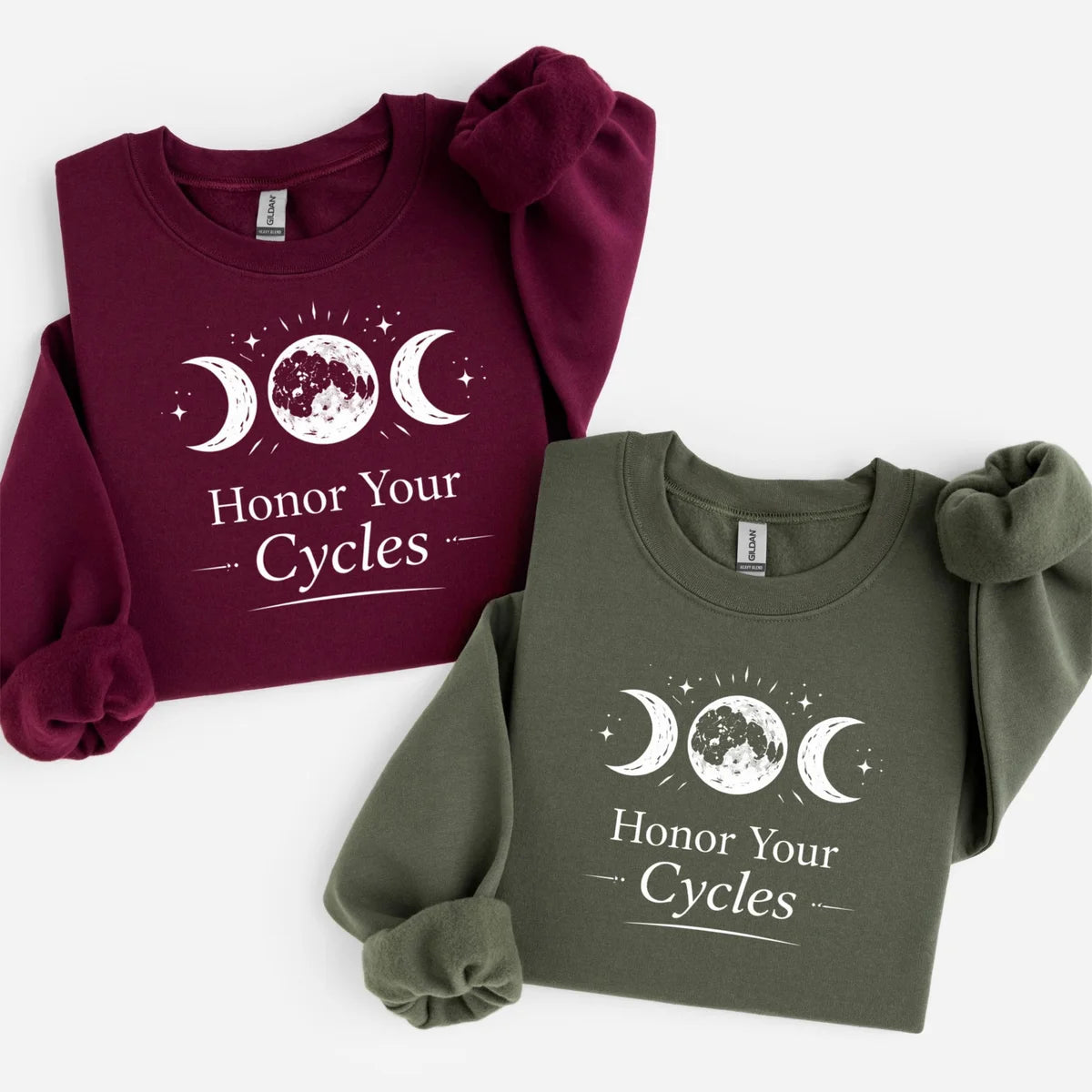 Crewneck sweatshirt with Mental Health Moon Phases design, alternate product view.