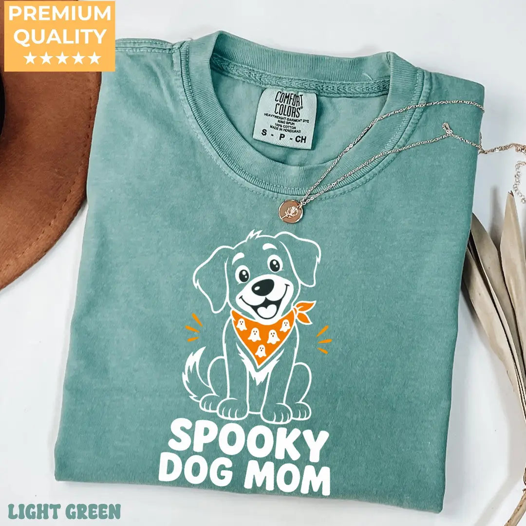 Spooky Dog Mom Halloween Comfort Colors T-Shirt alternate product view in Light Green.