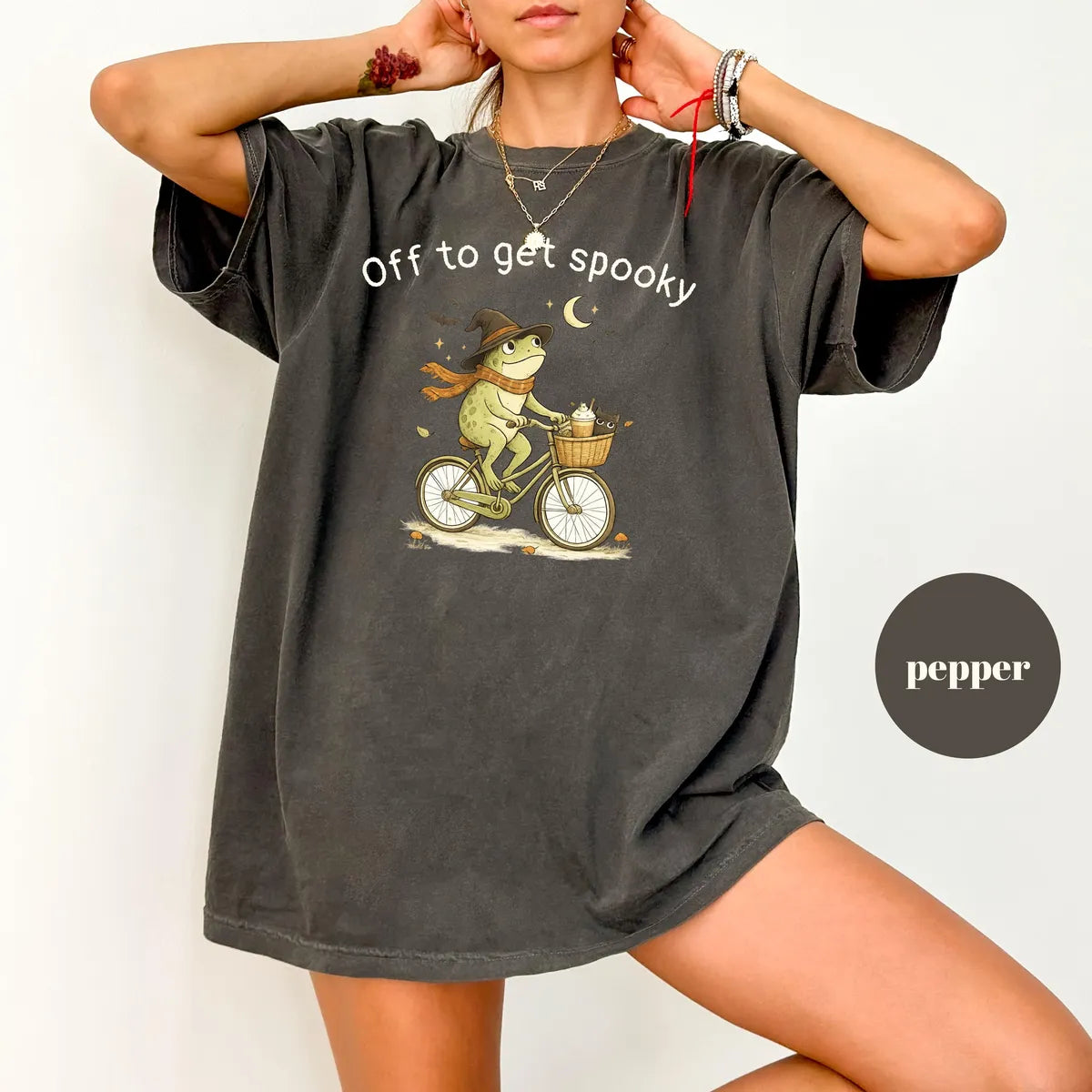 Pepper Comfort Colors 1717 T-shirt with Halloween Frog design worn by a model